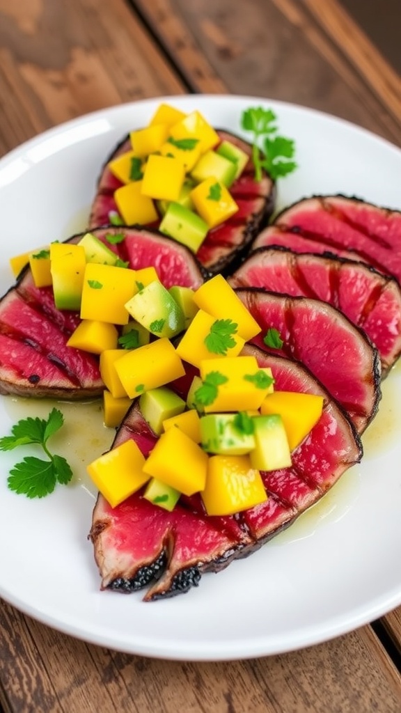 Seared tuna steaks with mango and avocado salsa on a wooden table.